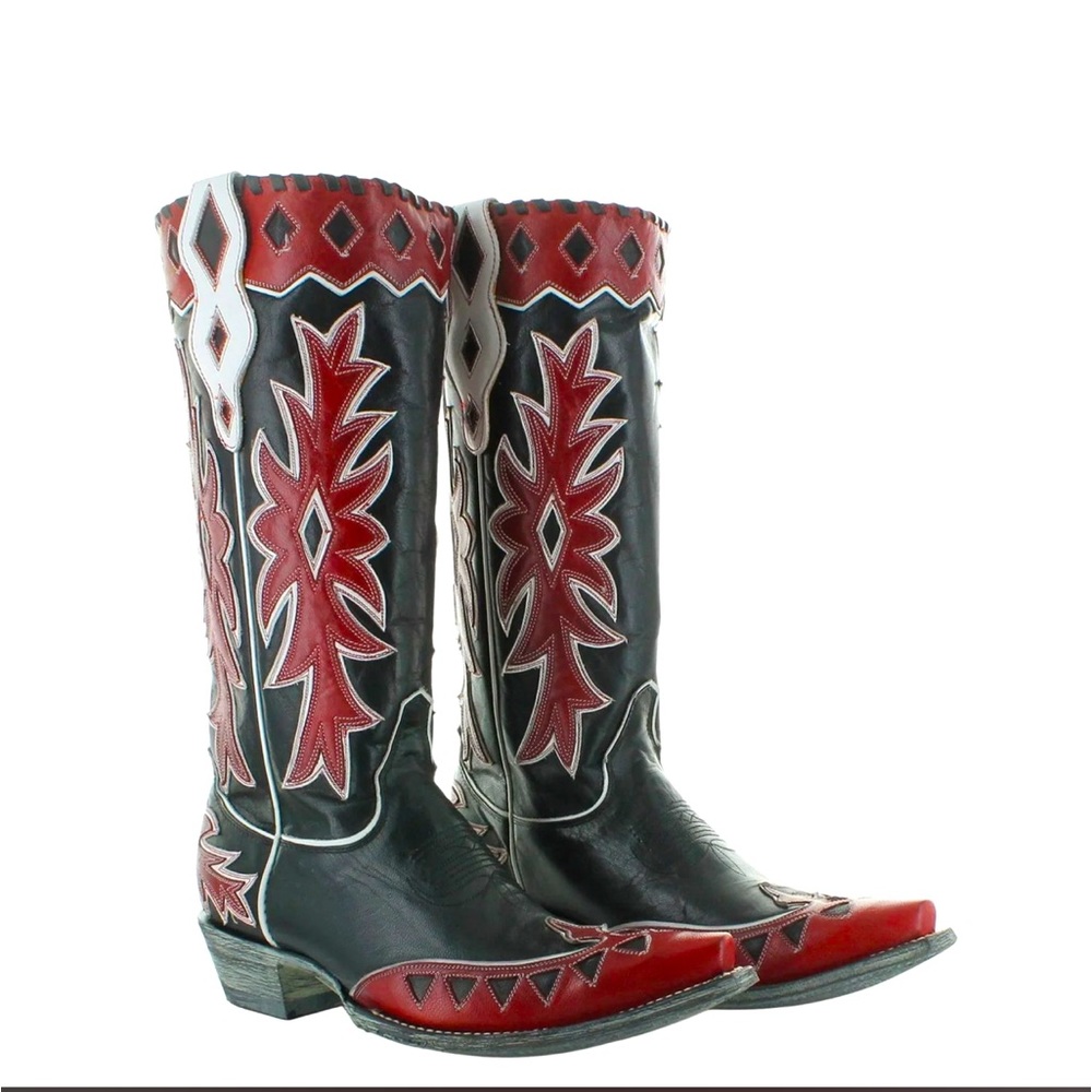 Old Gringo Black, Red and White Embroidered Leather Heeled Boots